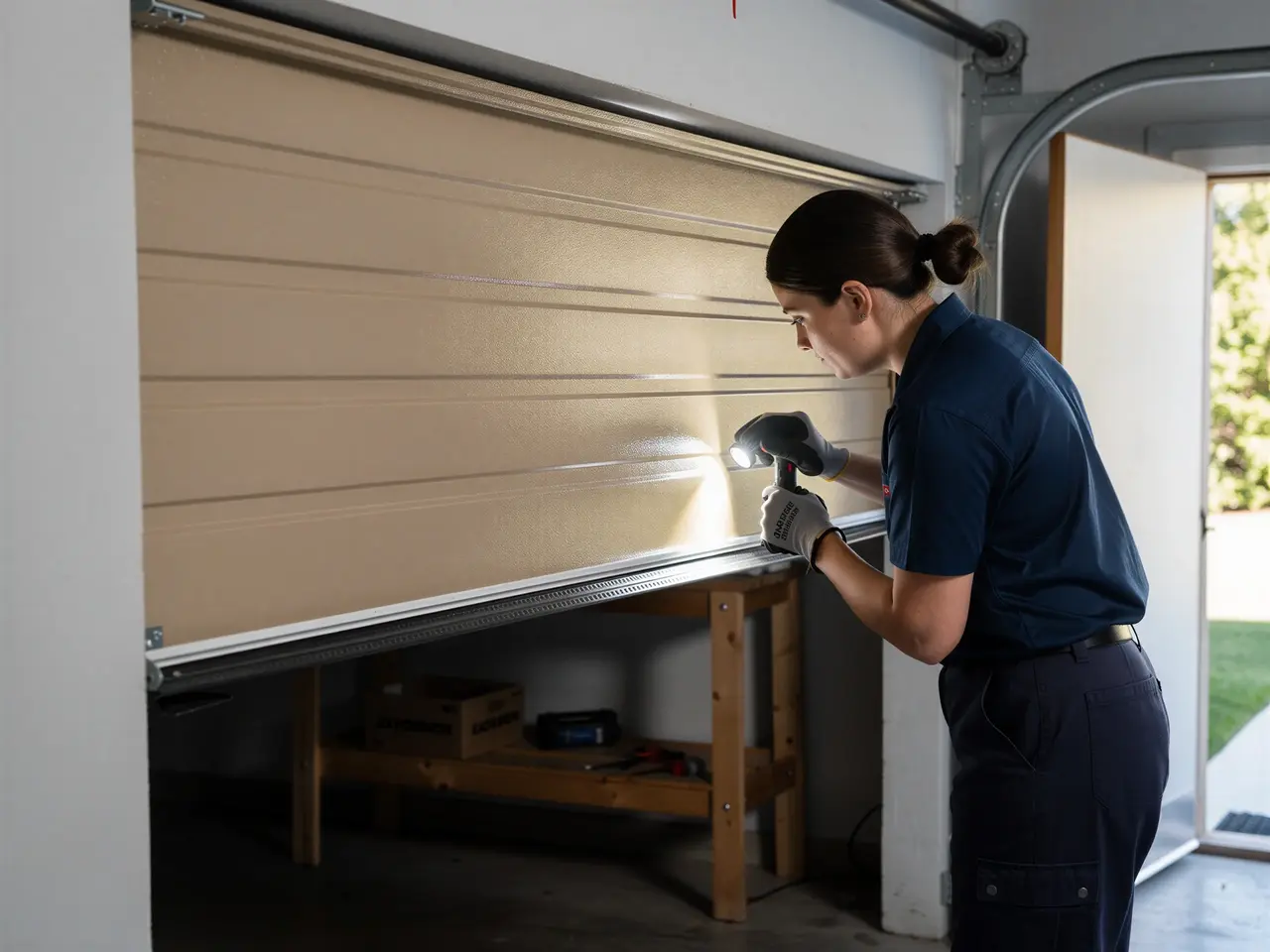 A technician shines a flashlight on the bottom of a beige garage door.