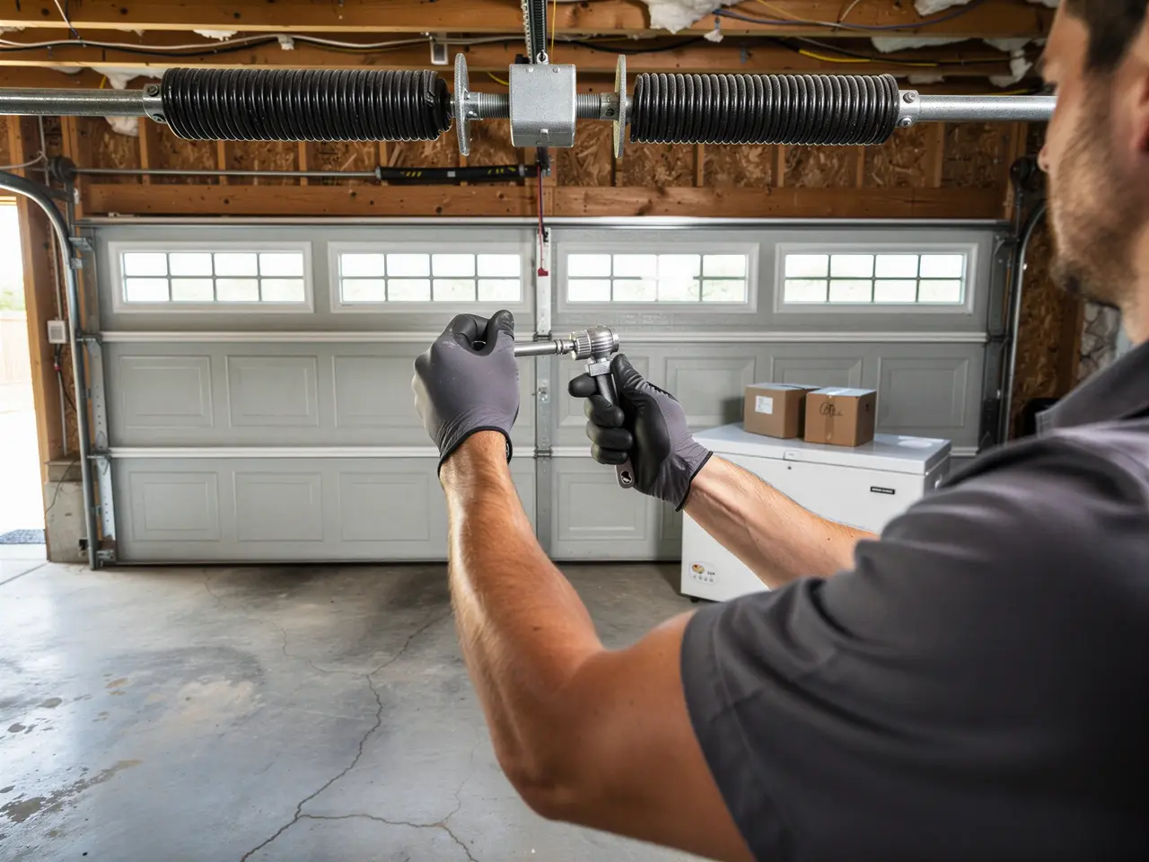 A technician in black gloves holds a wrench near a garage door torsion spring.